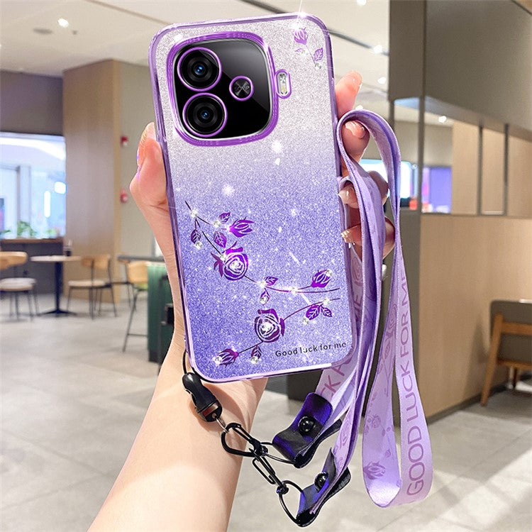 KADEM For vivo iQOO Z9 Turbo 5G Slim Case Flower Glitter Soft TPU Cover with Lanyard - Purple