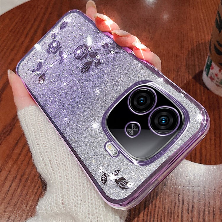 KADEM For vivo iQOO Z9 Turbo 5G Slim Case Flower Glitter Soft TPU Cover with Lanyard - Purple