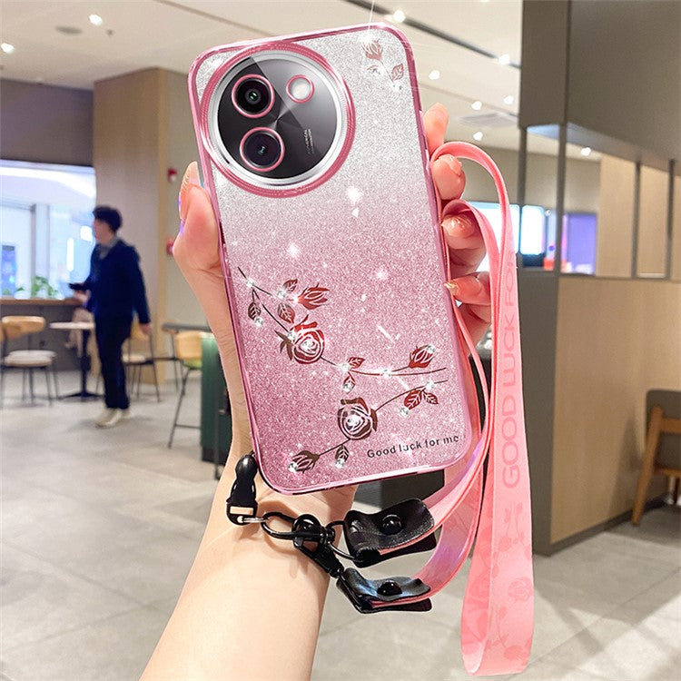 KADEM For vivo Y200i 5G Phone Case with Lanyard Flower Glitter Shockproof Soft TPU Cover - Rose Gold