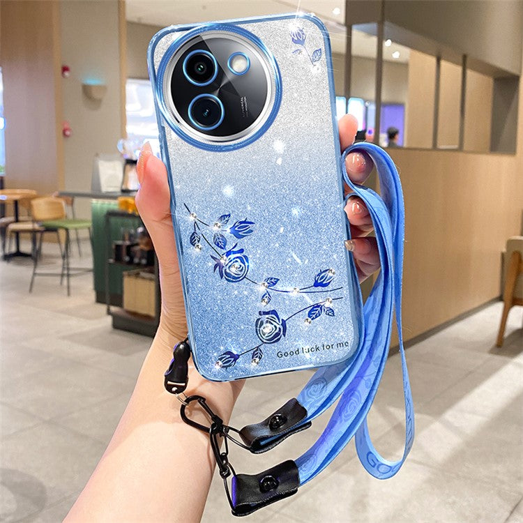 KADEM For vivo Y200i 5G Phone Case with Lanyard Flower Glitter Shockproof Soft TPU Cover - Blue