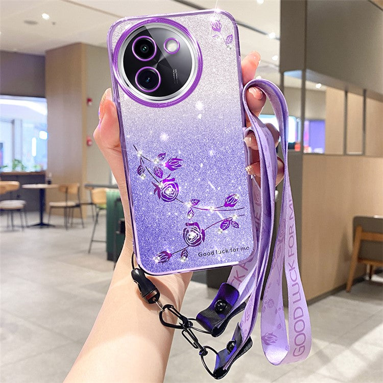 KADEM For vivo Y200i 5G Phone Case with Lanyard Flower Glitter Shockproof Soft TPU Cover - Purple