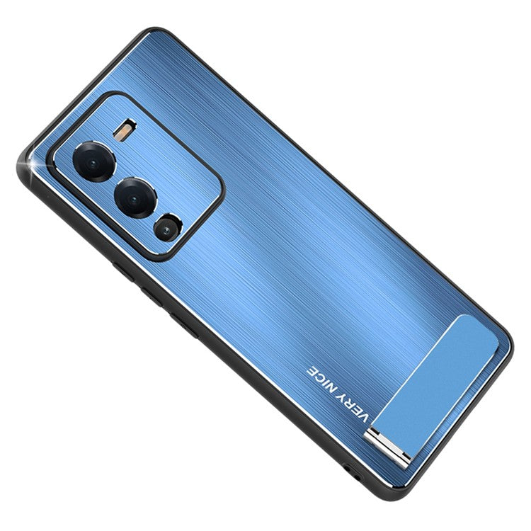 Kickstand Phone Case for vivo S15 5G, Brushed Aluminium Alloy Back TPU Frame Anti-scratch Hybrid Cover - Blue