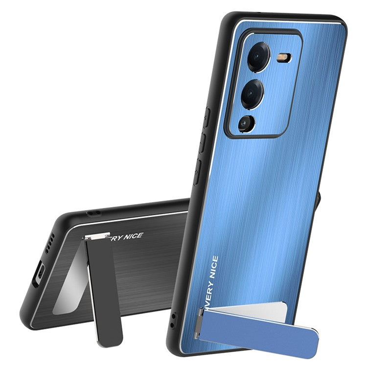 Kickstand Phone Case for vivo S15 5G, Brushed Aluminium Alloy Back TPU Frame Anti-scratch Hybrid Cover - Blue