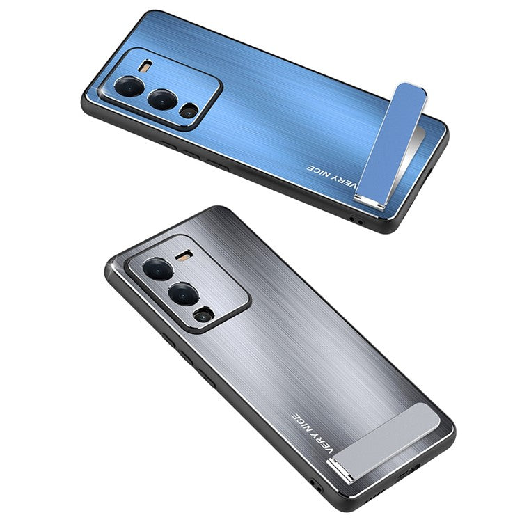 Kickstand Phone Case for vivo S15 5G, Brushed Aluminium Alloy Back TPU Frame Anti-scratch Hybrid Cover - Blue