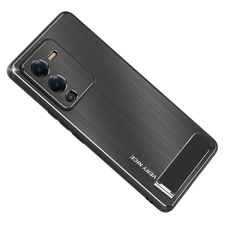 Kickstand Phone Case for vivo S15 5G, Brushed Aluminium Alloy Back TPU Frame Anti-scratch Hybrid Cover - Black