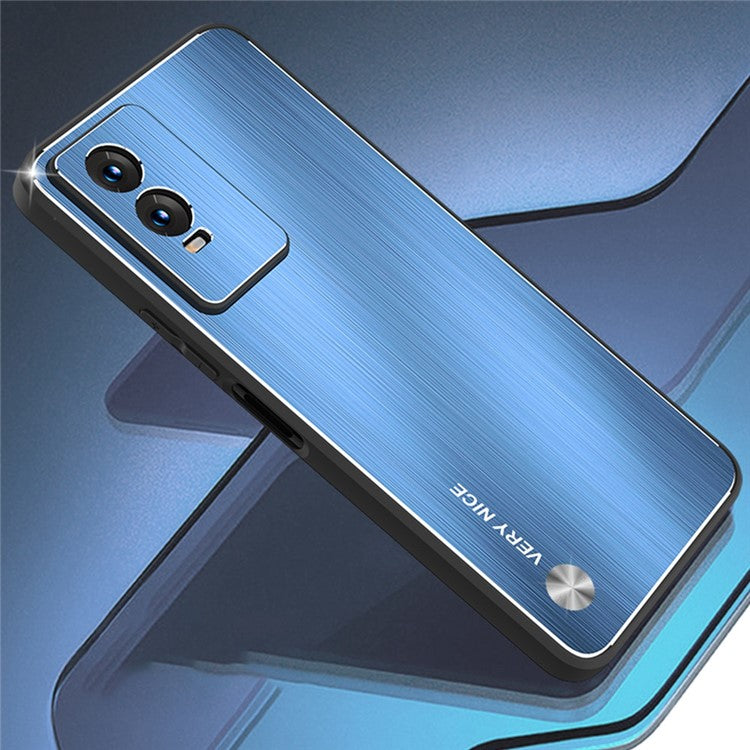 Brushed Phone Case for vivo Y76 5G, TPU Frame Aluminium Alloy Back Drop-proof Cover - Blue