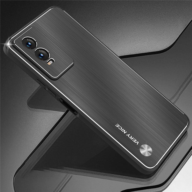 Brushed Phone Case for vivo Y76 5G, TPU Frame Aluminium Alloy Back Drop-proof Cover - Black