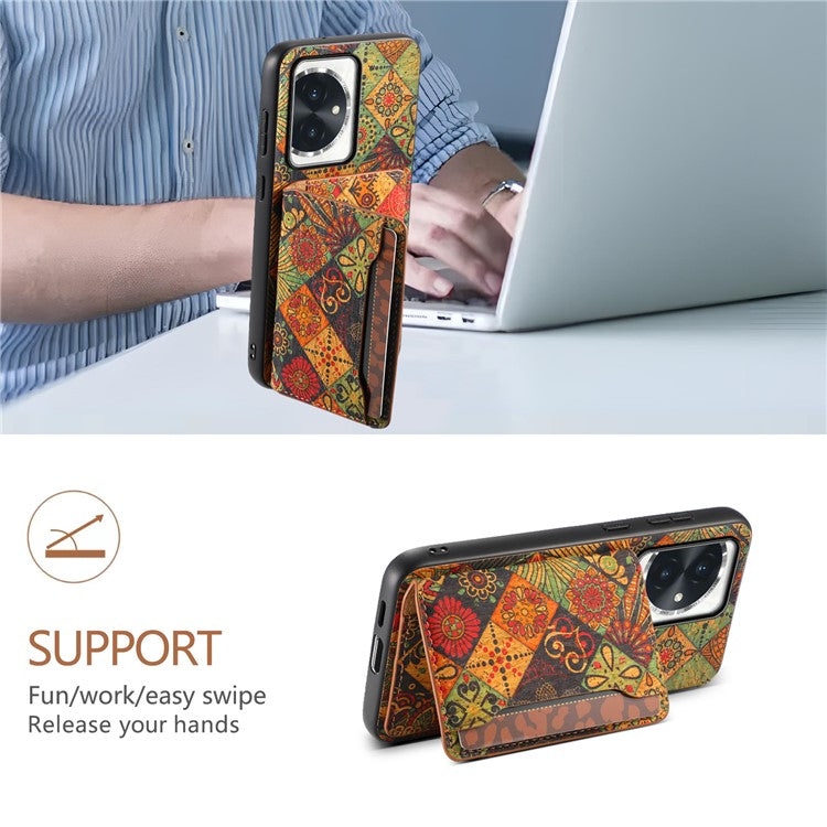 For Honor 100 5G Case Floral Pattern Card Slot Kickstand PU+TPU+PC Phone Shell - Autumn / Yellow