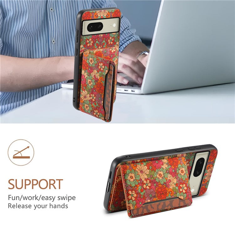 For Google Pixel 8 Case Floral Pattern Card Slot PU+TPU+PC Kickstand Phone Case - Summer / Red