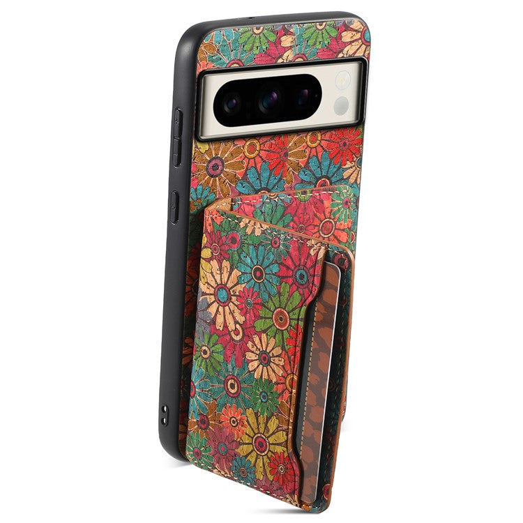 For Google Pixel 8 Pro Case Floral Pattern Card Slot Kickstand PU+TPU+PC Phone Shell - Spring / Green