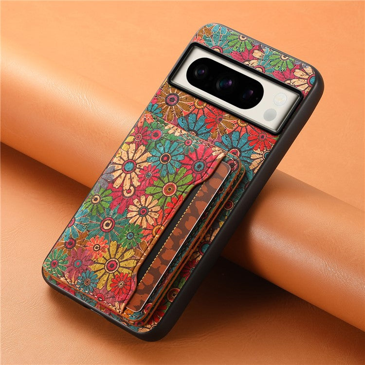 For Google Pixel 8 Pro Case Floral Pattern Card Slot Kickstand PU+TPU+PC Phone Shell - Spring / Green