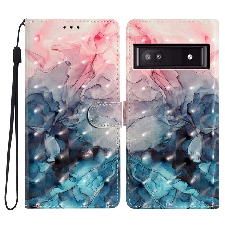 For Google Pixel 8a Case Card Slots Pattern Printing PU Leather Phone Cover - Pink Blue Marble