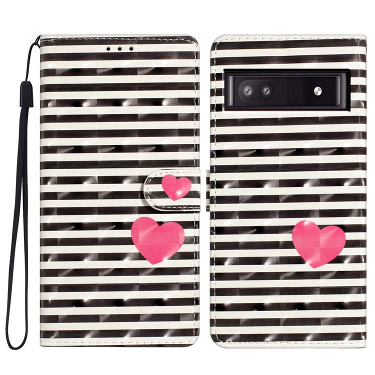 For Google Pixel 8a Case Card Slots Pattern Printing PU Leather Phone Cover - Stripes / Heart