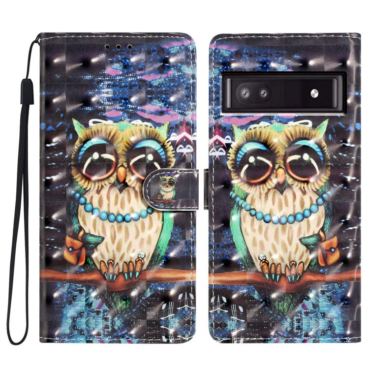 For Google Pixel 8a Case Card Slots Pattern Printing PU Leather Phone Cover - Owl