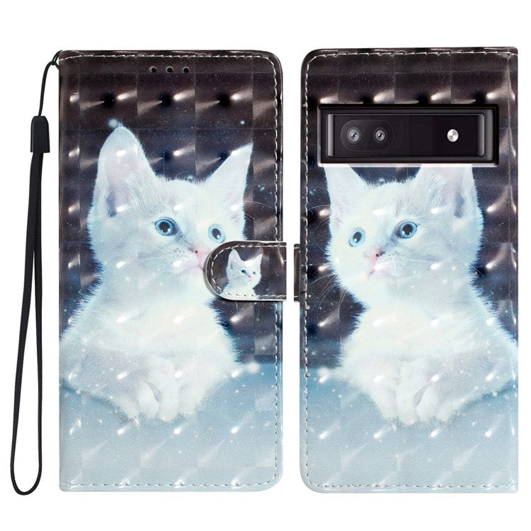 For Google Pixel 8a Case Card Slots Pattern Printing PU Leather Phone Cover - White Cat