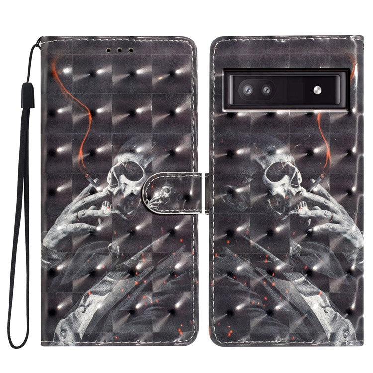 For Google Pixel 8a Case Card Slots Pattern Printing PU Leather Phone Cover - Smoking Skeleton