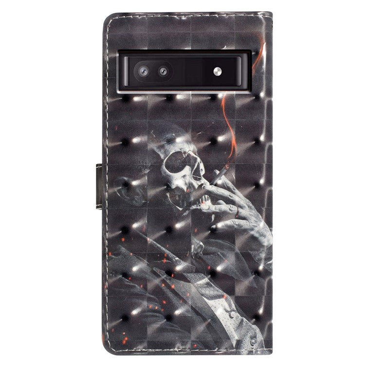 For Google Pixel 8a Case Card Slots Pattern Printing PU Leather Phone Cover - Smoking Skeleton