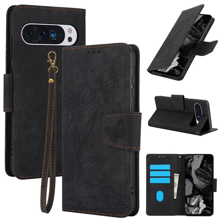 SY-001 For Google Pixel 9 Pro / Pixel 9 Leather Case Butterfly Flower Wallet Stand Phone Cover - Black