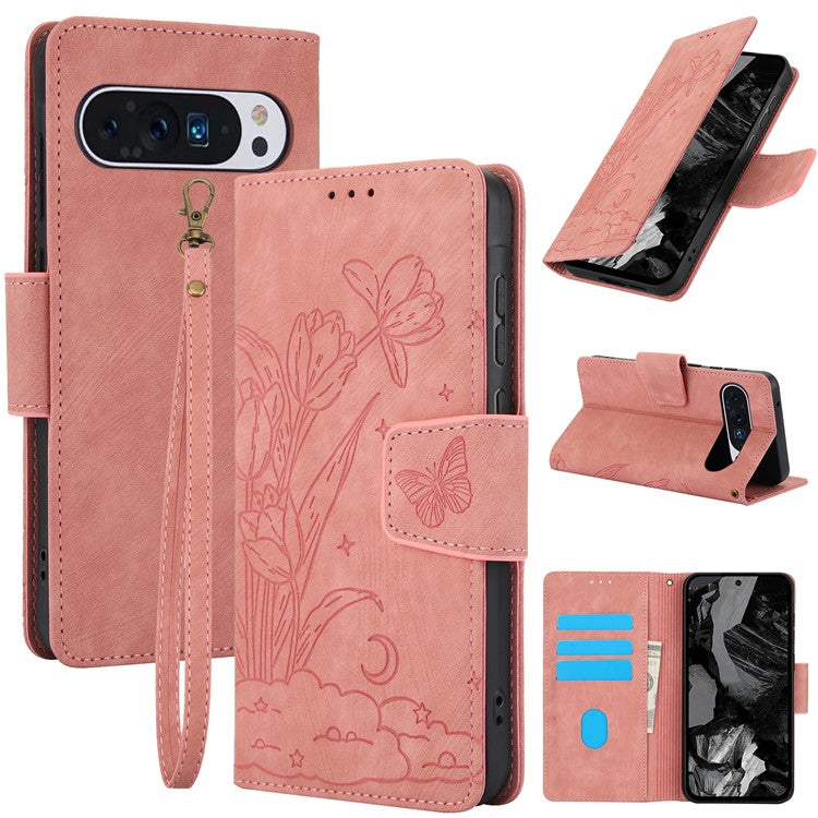 SY-001 For Google Pixel 9 Pro / Pixel 9 Leather Case Butterfly Flower Wallet Stand Phone Cover - Pink