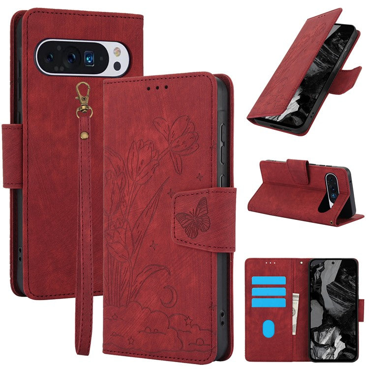 SY-001 For Google Pixel 9 Pro / Pixel 9 Leather Case Butterfly Flower Wallet Stand Phone Cover - Red