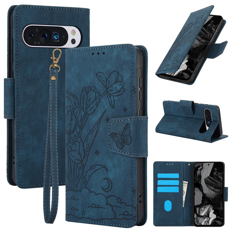 SY-001 For Google Pixel 9 Pro / Pixel 9 Leather Case Butterfly Flower Wallet Stand Phone Cover - Blue