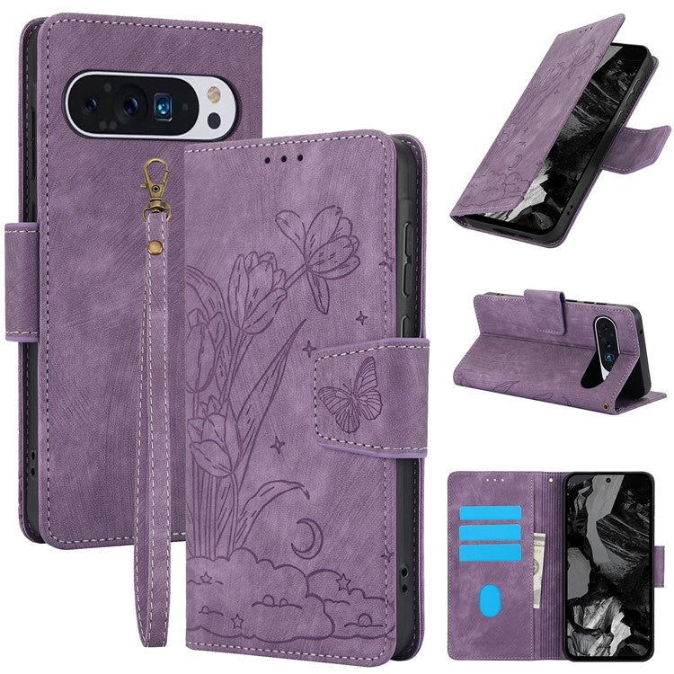 SY-001 For Google Pixel 9 Pro / Pixel 9 Leather Case Butterfly Flower Wallet Stand Phone Cover - Purple