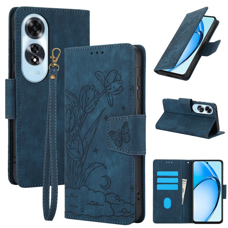 SY-001 For Oppo A60 4G Case with Hand Strap Butterfly Flower Leather Wallet Phone Cover - Blue