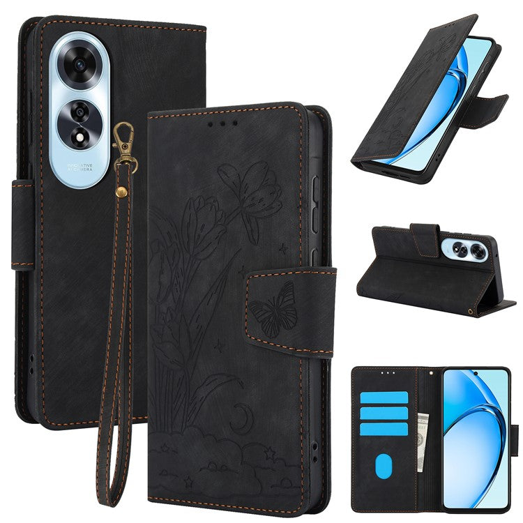 SY-001 For Oppo A60 4G Case with Hand Strap Butterfly Flower Leather Wallet Phone Cover - Black