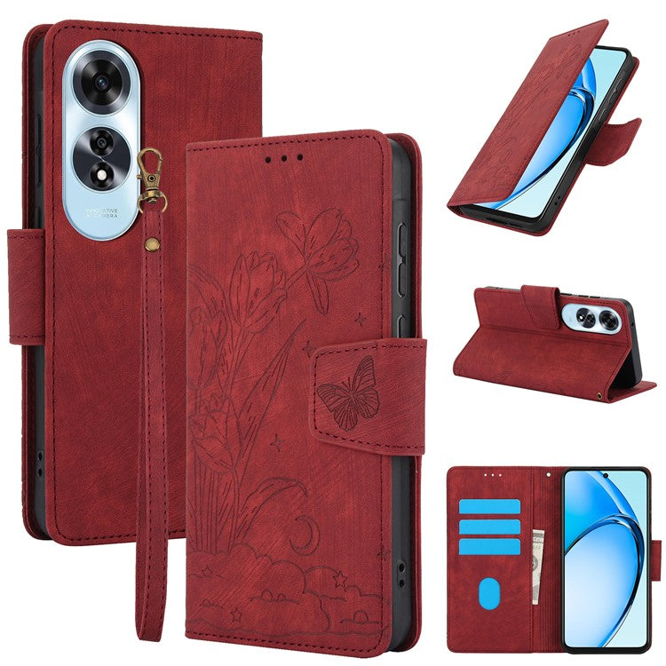 SY-001 For Oppo A60 4G Case with Hand Strap Butterfly Flower Leather Wallet Phone Cover - Red