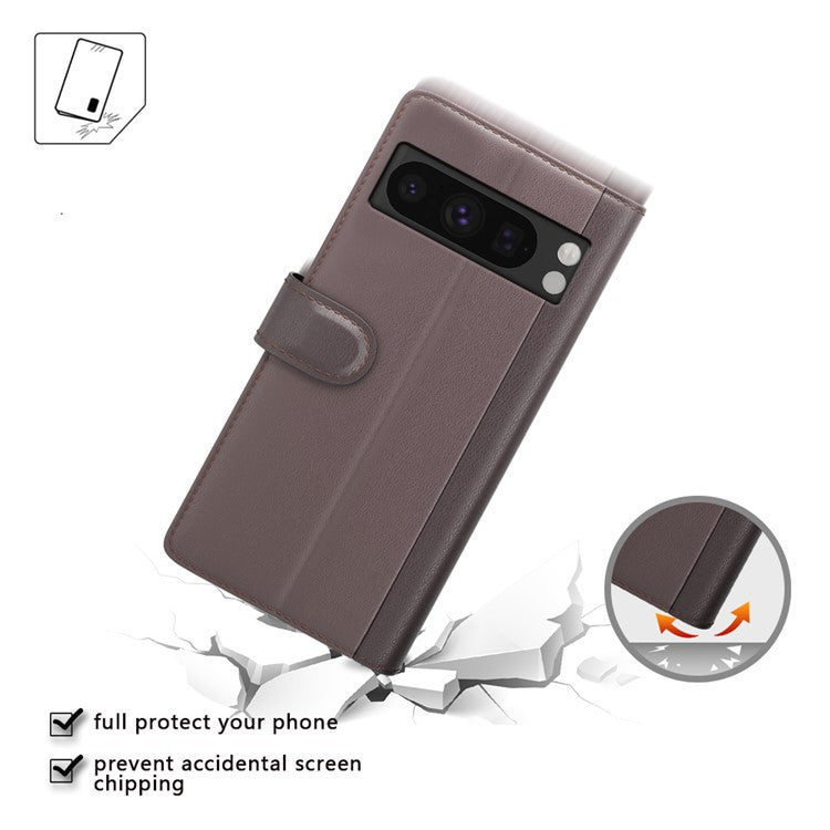 For Google Pixel 8 Pro Case Genuine Split Leather Flip Phone Cover - Brown