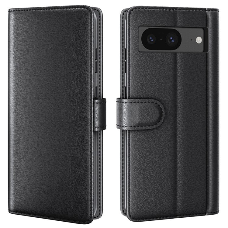 For Google Pixel 8 Wallet Case Genuine Split Leather Phone Cover with Card Holder - Black