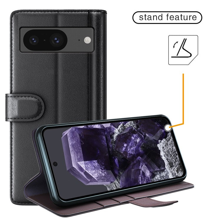 For Google Pixel 8 Wallet Case Genuine Split Leather Phone Cover with Card Holder - Black