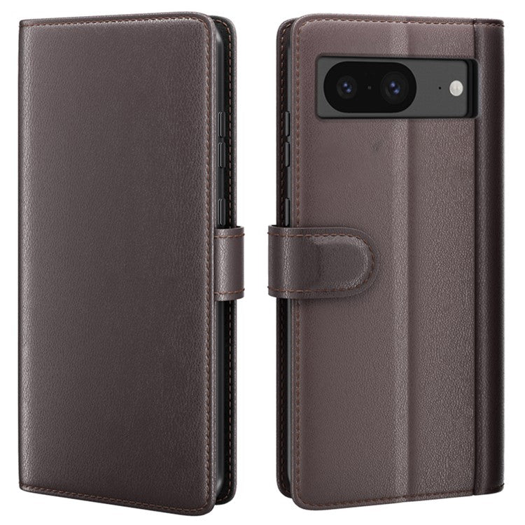 For Google Pixel 8 Wallet Case Genuine Split Leather Phone Cover with Card Holder - Brown