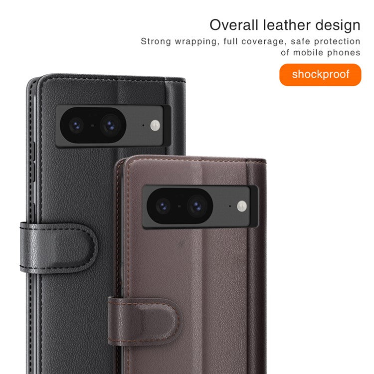 For Google Pixel 8 Wallet Case Genuine Split Leather Phone Cover with Card Holder - Brown