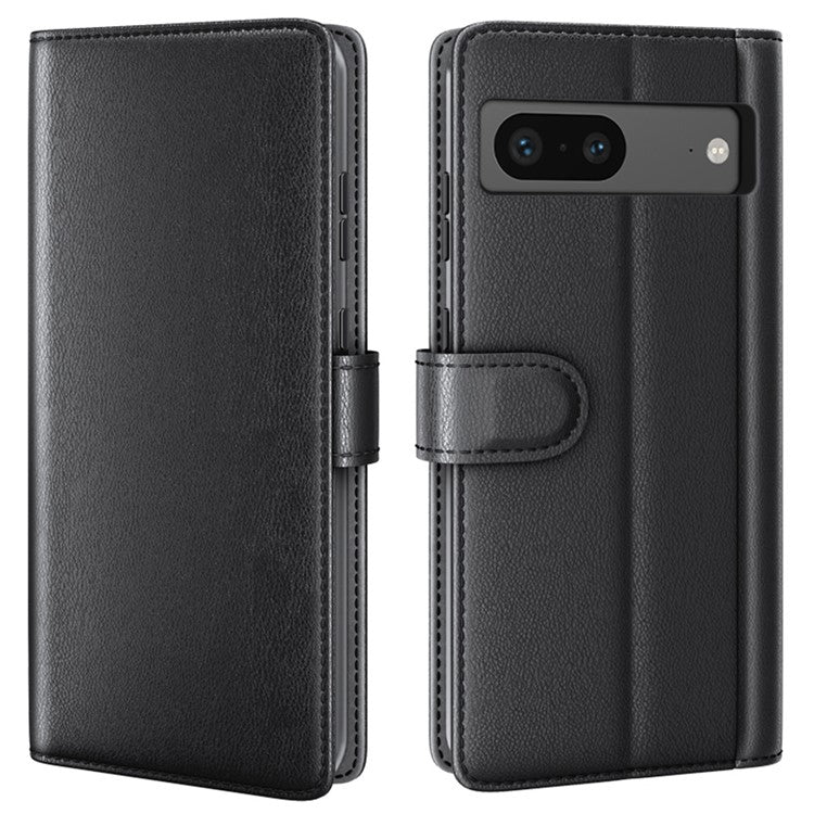 For Google Pixel 7 5G Case Genuine Split Leather Flip Folio Phone Cover - Black