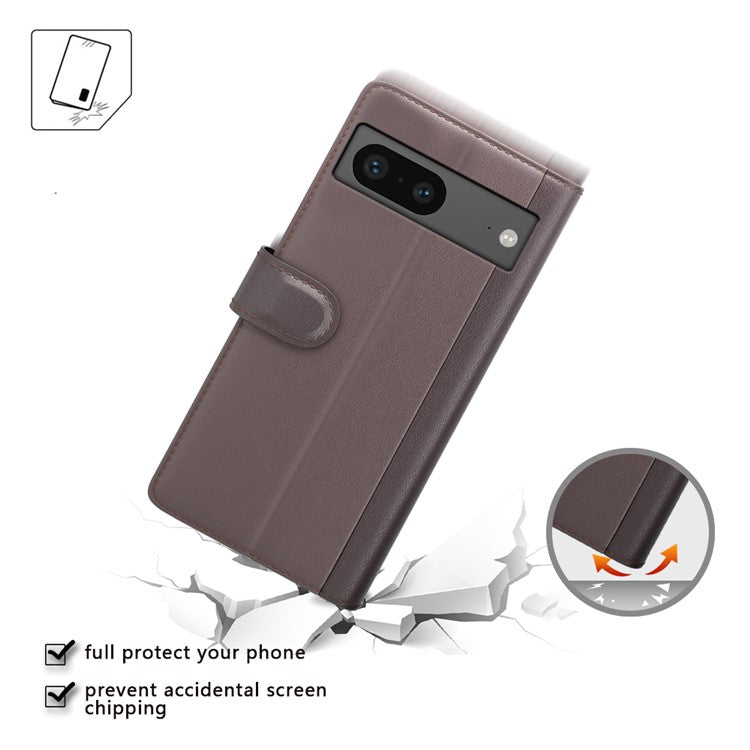 For Google Pixel 7 5G Case Genuine Split Leather Flip Folio Phone Cover - Brown