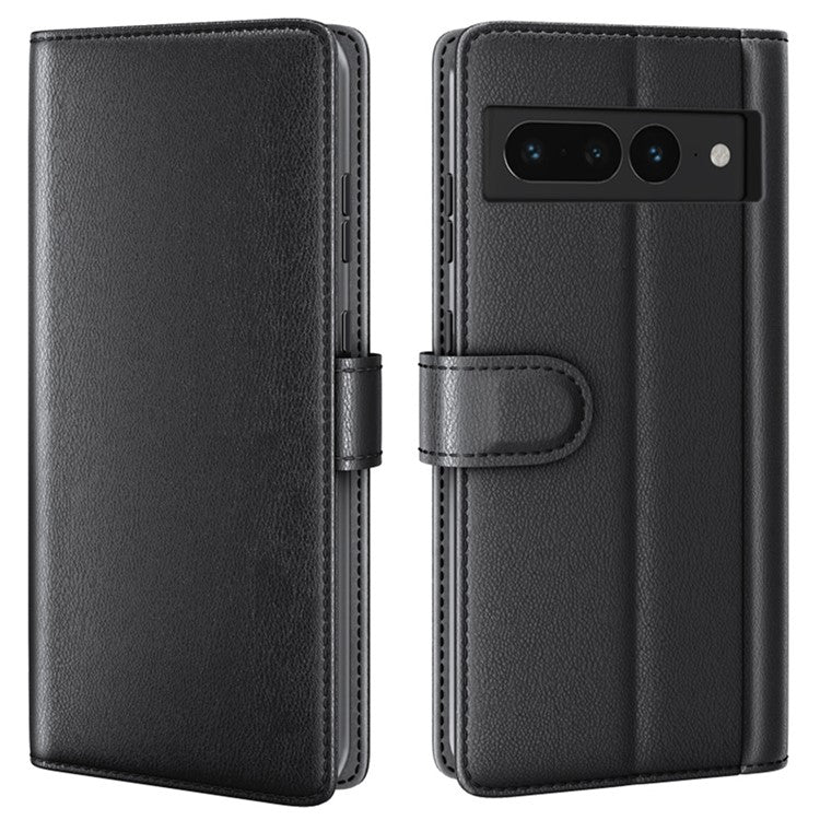 For Google Pixel 7 Pro 5G Case Genuine Split Leather Flip Magnetic Phone Cover - Black