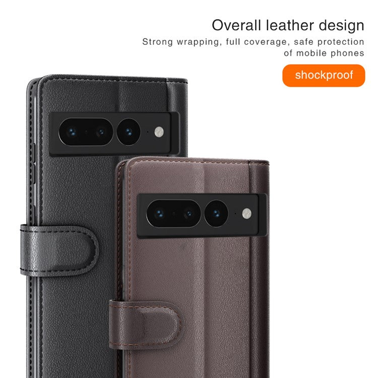 For Google Pixel 7 Pro 5G Case Genuine Split Leather Flip Magnetic Phone Cover - Brown