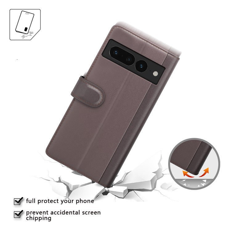 For Google Pixel 7 Pro 5G Case Genuine Split Leather Flip Magnetic Phone Cover - Brown