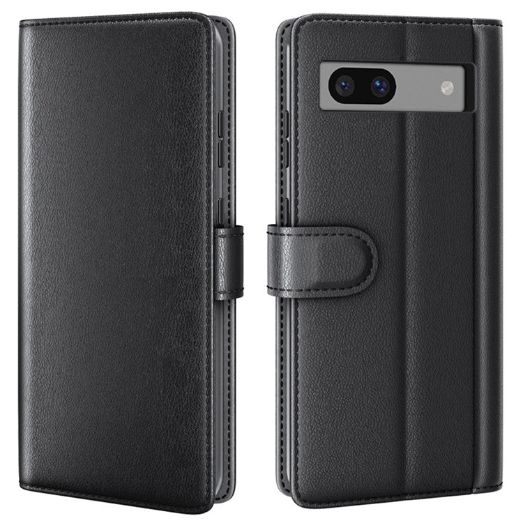 For Google Pixel 7a Case Genuine Split Leather Wallet Phone Cover with Card Holder - Black