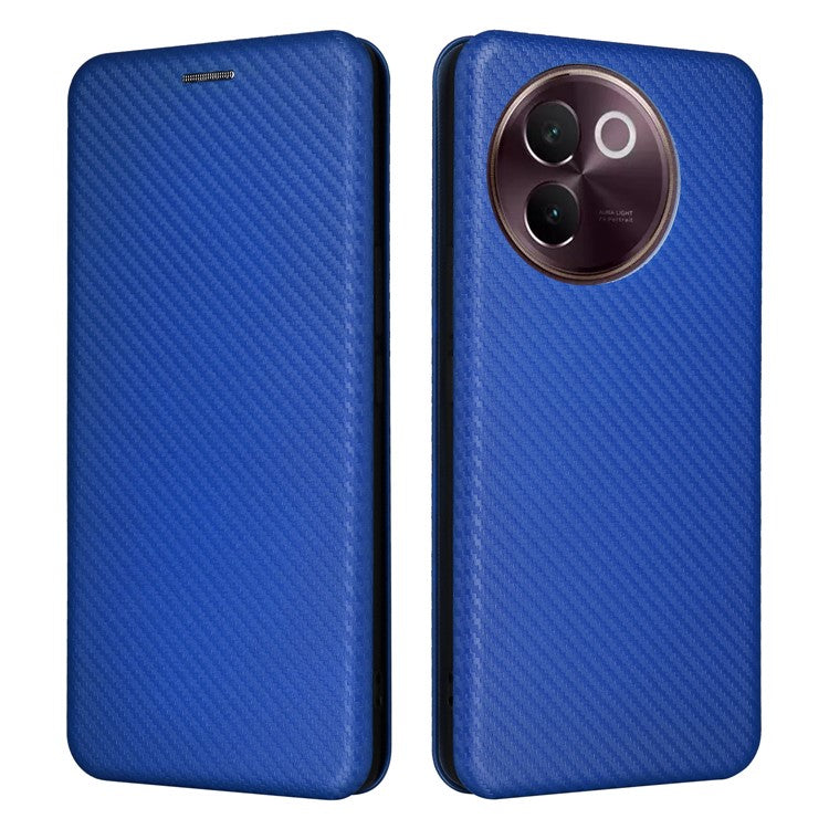 For vivo V30e 5G Case Card Slots Stand Carbon Fiber Texture Leather Cover - Blue