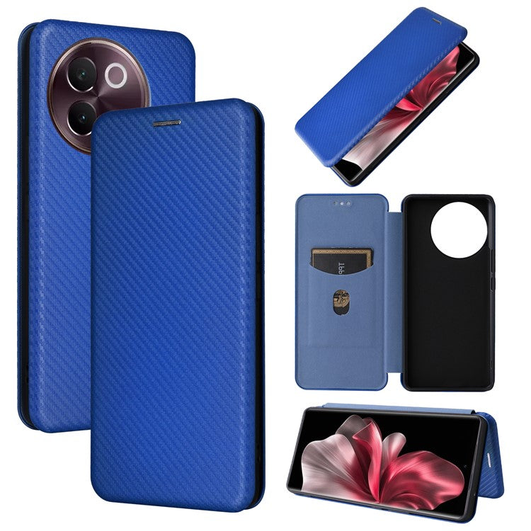 For vivo V30e 5G Case Card Slots Stand Carbon Fiber Texture Leather Cover - Blue