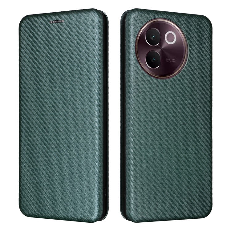 For vivo V30e 5G Case Card Slots Stand Carbon Fiber Texture Leather Cover - Green