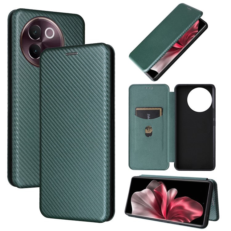 For vivo V30e 5G Case Card Slots Stand Carbon Fiber Texture Leather Cover - Green