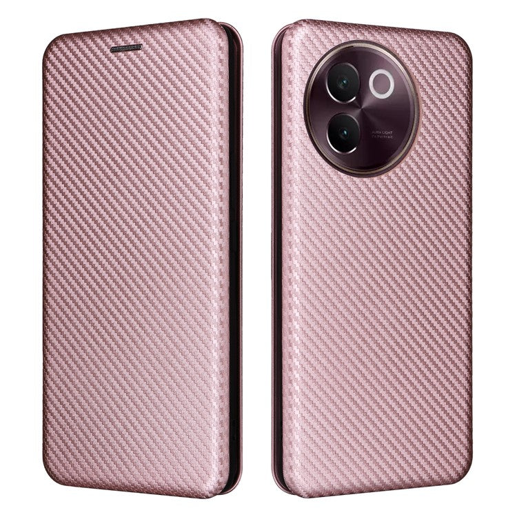 For vivo V30e 5G Case Card Slots Stand Carbon Fiber Texture Leather Cover - Rose Gold