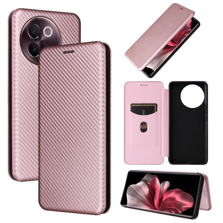 For vivo V30e 5G Case Card Slots Stand Carbon Fiber Texture Leather Cover - Rose Gold