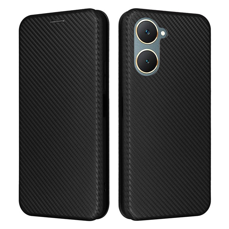 For vivo Y03 / Y18 4G Case Card Slots Leather Phone Cover Carbon Fiber Texture - Black