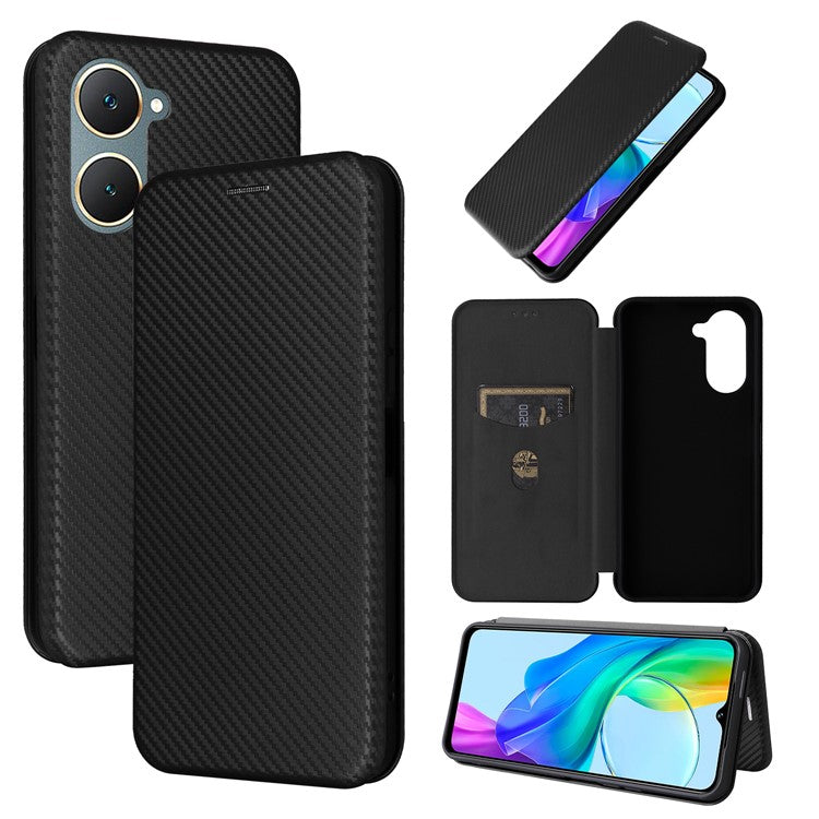 For vivo Y03 / Y18 4G Case Card Slots Leather Phone Cover Carbon Fiber Texture - Black