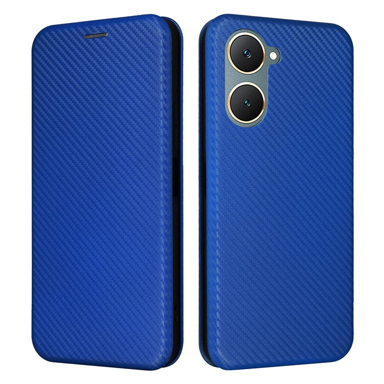 For vivo Y03 / Y18 4G Case Card Slots Leather Phone Cover Carbon Fiber Texture - Blue