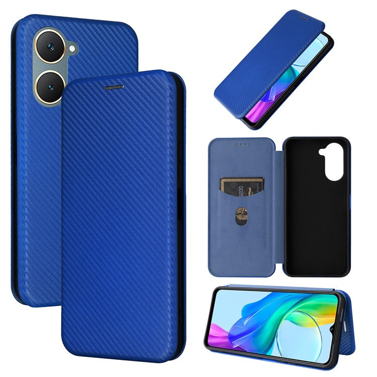 For vivo Y03 / Y18 4G Case Card Slots Leather Phone Cover Carbon Fiber Texture - Blue